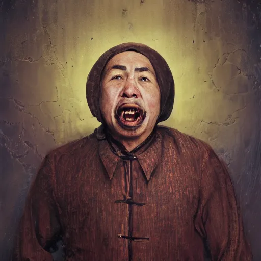 Image similar to chinese uyghur muslim prisoner and melting wax, wearing victorian rags, elite, disfigured, drooling, moist, unnatural movement, they are unhappy, bizzaro, baroque, renaissance, by emedios varo and anato finnstark and fenghua zhong, hyperrealism, 8 k, 3 d, masterpiece, texture