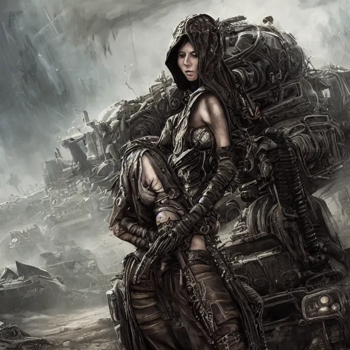 Image similar to beautiful apocalyptic woman in hooded cloak, standing on mad max panzer tank, hyper-detailed, smooth, sharp focus, 4k ultra hd, fantasy dark art, tank girl, artgerm, artstation, octane render, elegant, detailed digital painting, apocalyptic art