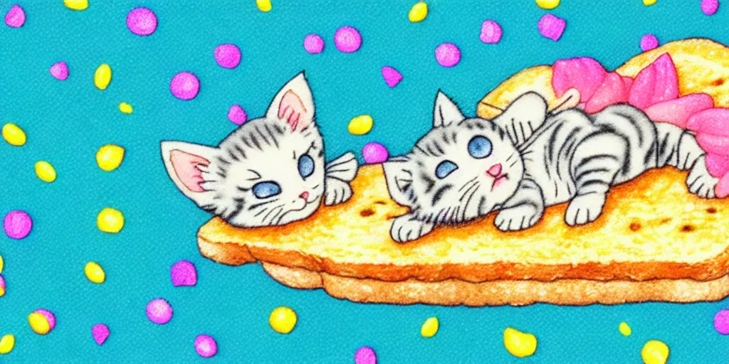 Image similar to a tiny kitten sleeping on a slice of bread, puffy sticker, glitter sticker, kawaii by studio ghibli, by lisa frank 8 k pastel colours, isometric, smeared watercolours,