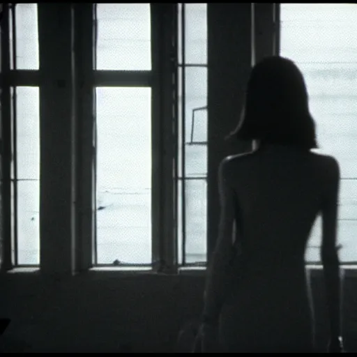 Image similar to runaway beautiful supermodel replicant looking out the window in a dirty abandoned factory, still from closed circuit tv footage, high angle