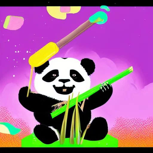 Image similar to a panda eating a sugar cane, wearing a fish tank on his head, digital art, synthwave style