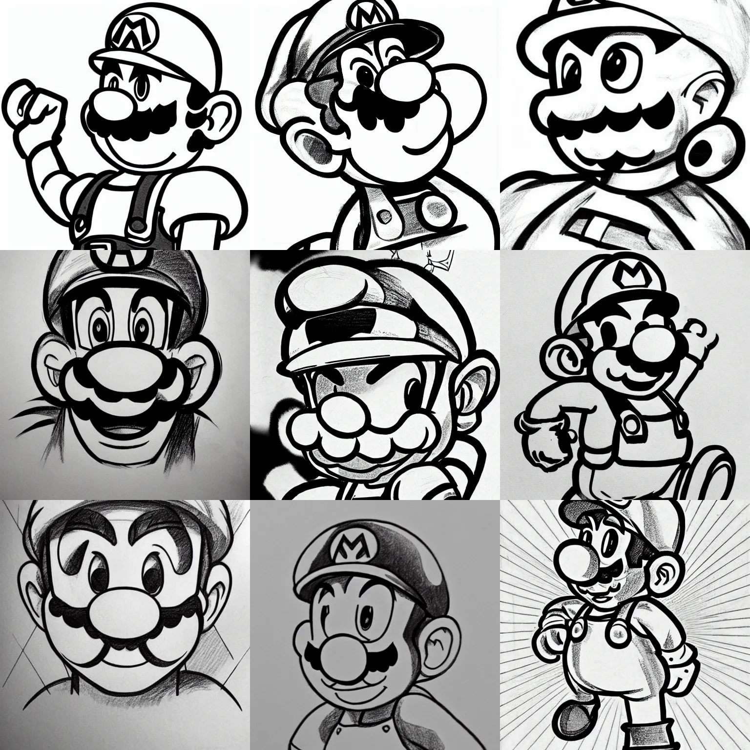 Prompt: epic shaded pencil sketch of mario from super mario bros, determined gaze, striking artstyle, manga panel