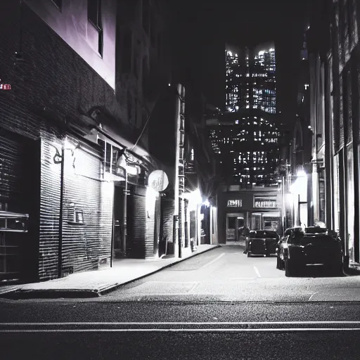 Image similar to street view of a dark cyber noir city, night, photoreal 35mm 8k photography