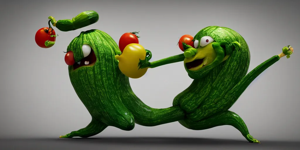 Image similar to detailed 3 d render of a bad zucchini character with arms and legs and a long sword!! chasing after a tomato character, hyper realistic octane render, cinematic lighting, deviantart, frame from independent movie