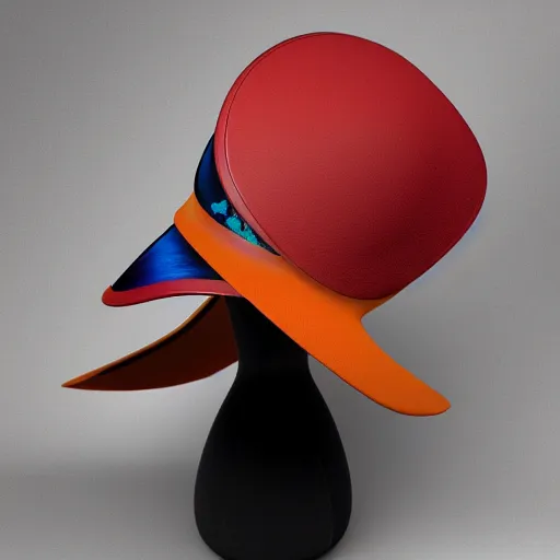 Image similar to [high tech cowboy hat in futuristic colours and fabrics, object design, couture]