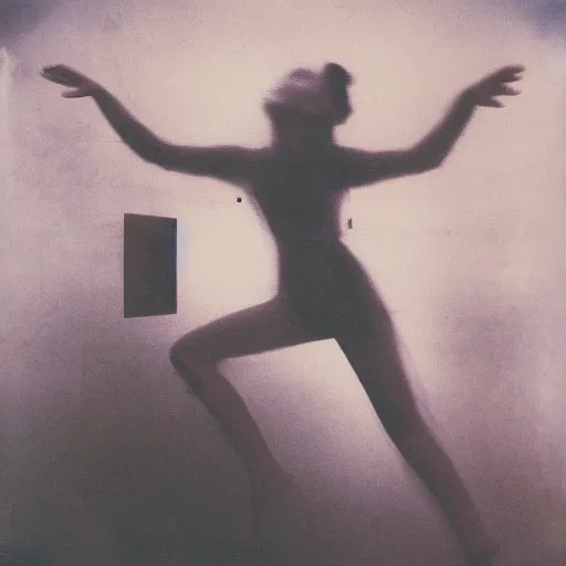 Image similar to polaroid of a surreal artsy dream scene, girl, dancing, double exposure