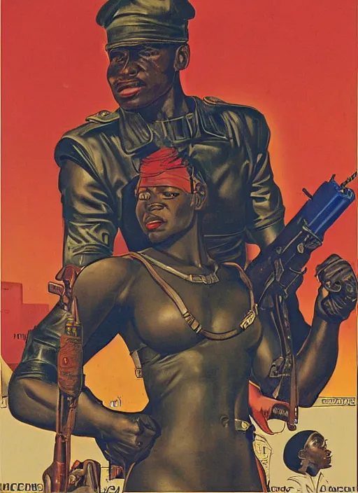 Image similar to pan african propaganda poster. cyberpunk mercenary. portrait by jean giraud and anton otto fischer and john philip falter and will eisner and gil elvgren