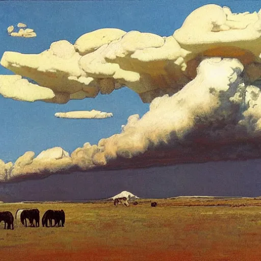 Prompt: towering cumulonimbus clouds looming over a mesa in a sunny western landscape with wild horses grazing in the foreground and a white obelisk in the background by nc wyeth by frederic remington