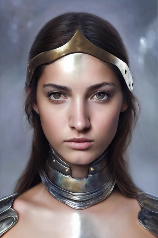 Image similar to a photorealistically painted portrait of an attractive young girl, partially clothed in metal-plated battle armor, with an abstractly painted background, flawless olive skin, fair complexion, long dark hair, beautiful bone structure, perfectly symmetric facial features, perfect photorealistic eyes, natural physique, intricate, elegant, digital painting, concept art, finely detailed, beautifully illustrated, sharp focus, minimal artifacts, volumetric lighting, from DOOM and Halo, by Ruan Jia and Mandy Jurgens and Artgerm and William-Adolphe Bouguerea, in the style of Greg Rutkowski, trending on Artstation, award winning art