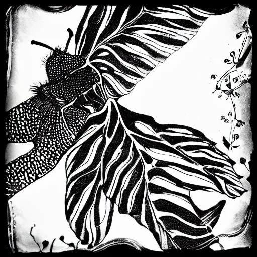 Image similar to fly, black and white, botanical illustration, black ink on white paper, bold lines