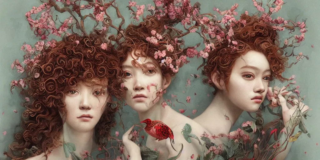 Image similar to breathtaking detailed concept art painting blend of red short curly hair goddesses of flowers by hsiao - ron cheng with anxious piercing eyes, vintage illustration pattern with bizarre compositions blend of flowers and fruits and birds by beto val and john james audubon, exquisite detail, extremely moody lighting, 8 k