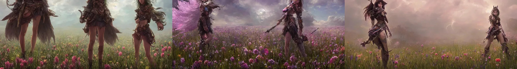 Prompt: A high fantasy wolf girl standing in the middle of the field of flowers, by Eddie Mendoza, face close up, official media, beautiful, detailed, high quality, wallpaper 4K, epic, trending on artstation and behance, dynamic lightning