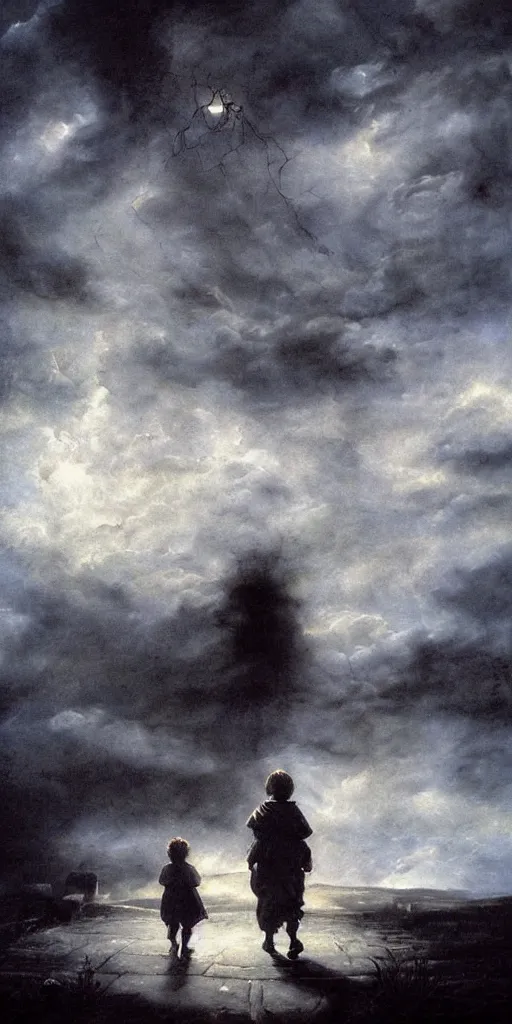 Prompt: a medieval peasant kid walking alone in the night during a stormcloud with dramatic airbrushed clouds over black background by Luis royo and Caravaggio airbrush fantasy 80s, realistic masterpiece