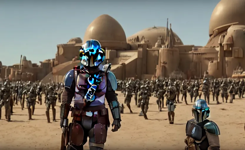 Prompt: still image screenshot new episode of the mandalorian disney + hundreds of mandalorian army in front of a gold opulent strange building, moody gold planet, anamorphic lens