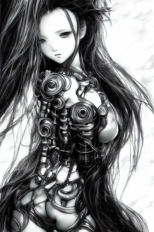 Image similar to a vertical portrait of a character in a scenic environment by Yoshitaka Amano, black and white, dreamy, cybernetic suit, wavy long black hair, highly detailed