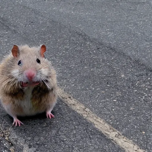 Image similar to soaking wet homeless hamster begging for money on the side of the road, tattered clothing, sitting on a tattered blanket