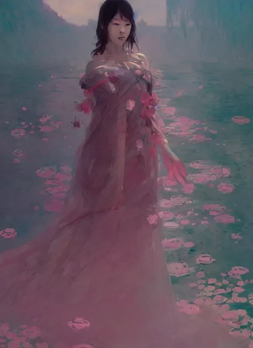 Image similar to lee jin - eun wearing luxurious dress emerging from pink water with cyberpunk theme by greg rutkowski, claude monet, conrad roset, takato yomamoto, rule of thirds, seductive look, beautiful, sakura flowers, dreamy,