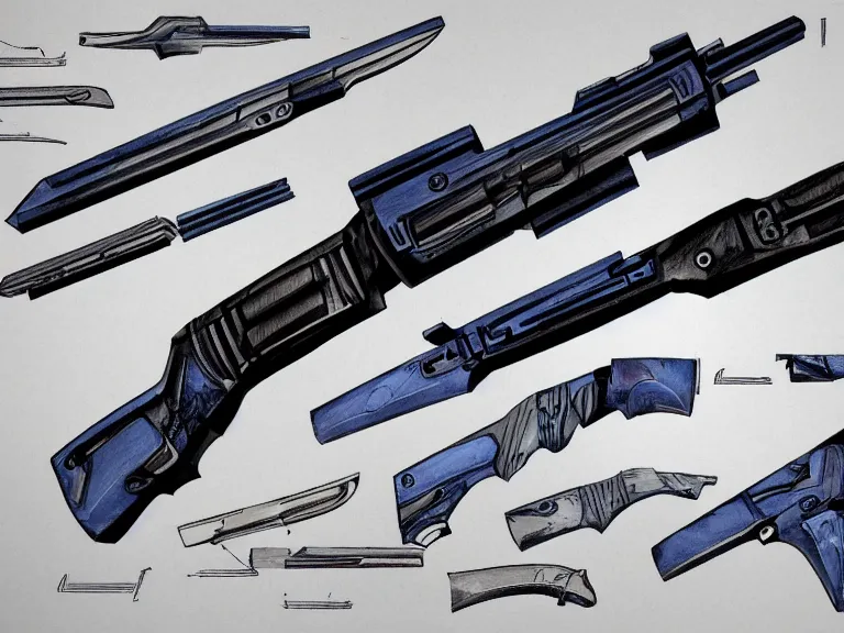 Image similar to blue prints, concept art of a gun and a knife combination.