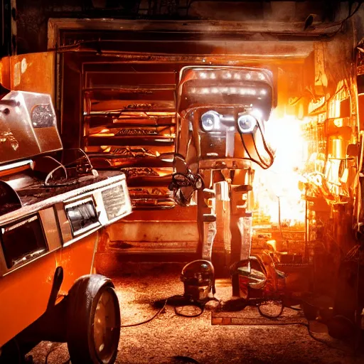 Prompt: cyborg toaster oven repairman, dark messy smoke - filled cluttered workshop, dark, dramatic lighting, orange tint, sparks, cinematic, highly detailed, sci - fi, futuristic, movie still