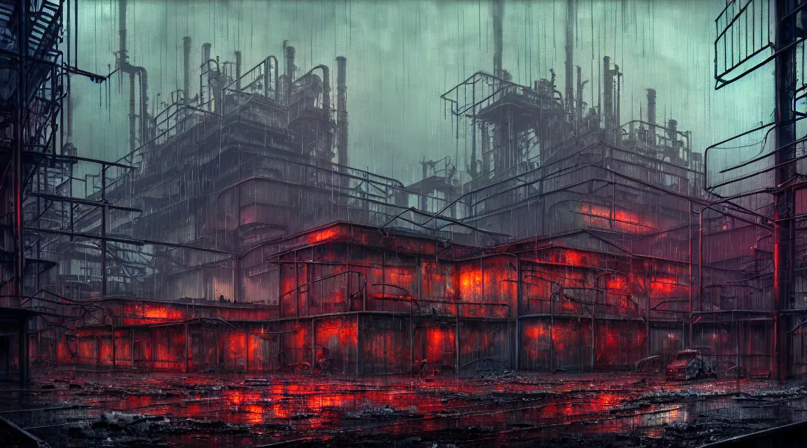 Prompt: post apocalyptic factory, raining, industrial architecture, by pascal blanche, neil blevins, thomas kinkade, apocalyptic color palette, trending on artstation, photorealistic, neon ambiance, ultra detailed, high definition, depth of field, bokeh, rubble, wild vegetation, blood stains, building crumbling