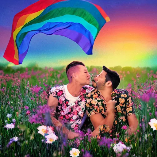 Image similar to a gay couple in their 30s together in a field of flowers at sunset, realistic, intricate, 4k