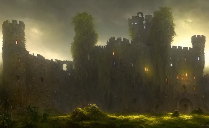 Image similar to wide angle shot of an old castle covered by plants with moody and cinematic lighting by greg ruthkowski and craig mullins and caspar david friedrich, cinematic and atmospheric, concept art, artstation, trending on artstation