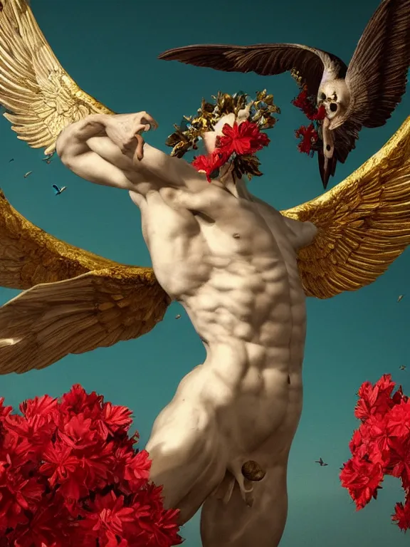 Prompt: a falling Icarus , wings, skull, flowers, baroque. intricate artwork by caravaggio. many many birds birds on background. Trending on artstation. octane render, cinematic, hyper realism, octane render, 8k, depth of field, bokeh. iridescent accents. vibrant. teal and gold and red colour scheme