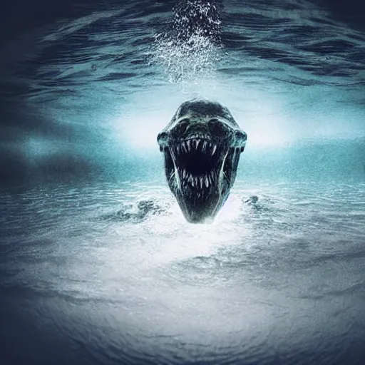 Prompt: sea monster about to eat pov underwater, thalassophobia, creeping forward, dark yellowish water showing anger, pale skin, dark foggy water, dramatic,'silent hill ', terrifying, horror, fear, cinematic