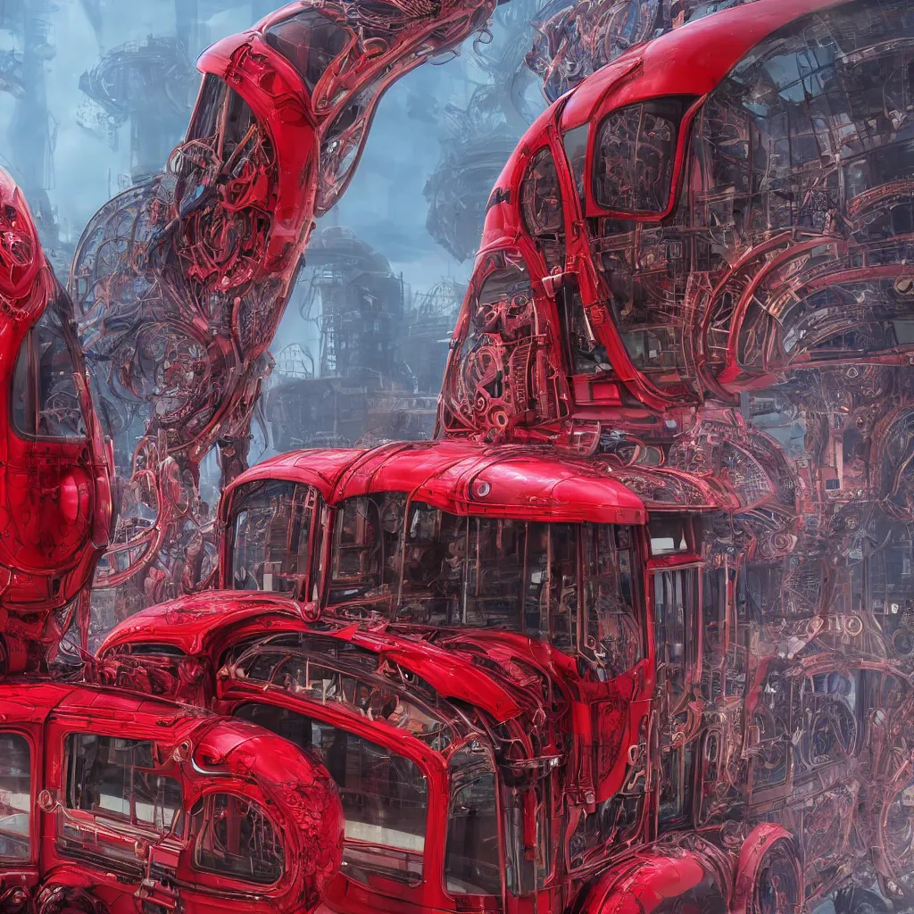 Image similar to mythical red organic biomechanical london bus. futuristic. blue blurry background. highly detailed, intricate steampunk ornate, poetic, 3 d render, digital art, octane render, 8 k artistic photography, photorealistic.