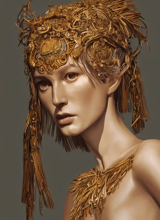 Image similar to sculpture made of wood, portrait, female, future, shaman, harper's bazaar, vogue, magazine, intricate, concept art, close up, ornate, luxury, elite, elegant, trending on artstation, by ruan jia, by Kenneth Willardt, by ross tran, by WLOP, by Andrei Riabovitchev,