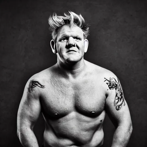 Image similar to full Portrait photography of someone who has the face of Gordon Ramsay, the body of an orc