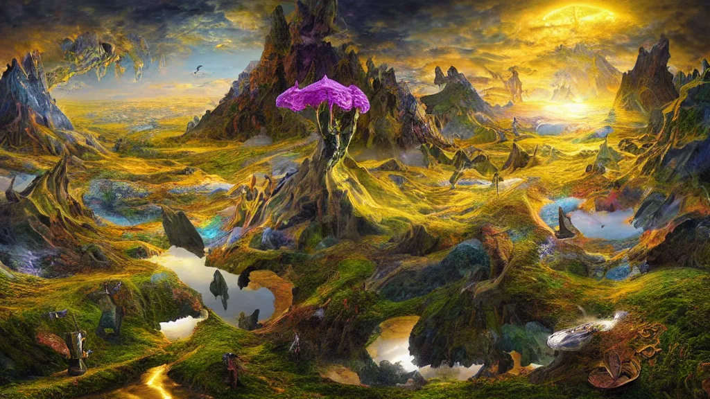 Image similar to fantasy landscape with fractals in the styles of igor morski, jim warren, and m. c. escher, intricate, colorful, hyperrealistic, volumetric lighting