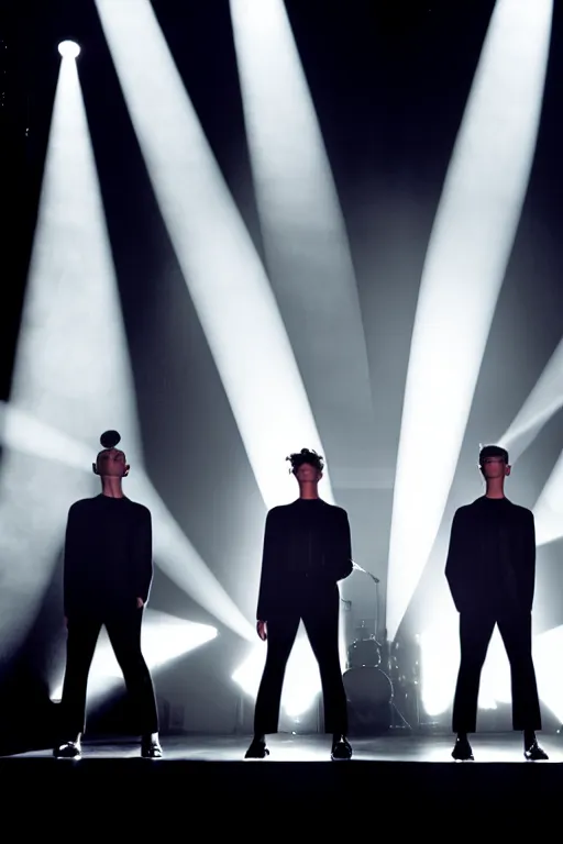 Image similar to the year 2080 art deco boy band, on stage in silouette, dramatic stage lighting for encore,