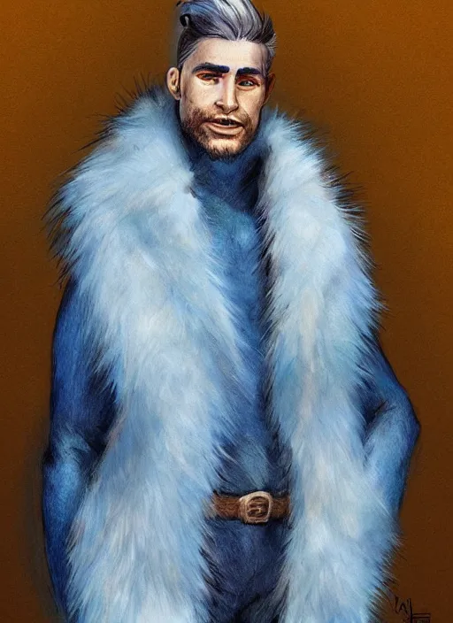 Prompt: portrait of a blue-skinned man wearing a fur coat, illustration, fantasy, by Bowater, Charlie, trending on ArtStation, masterpiece