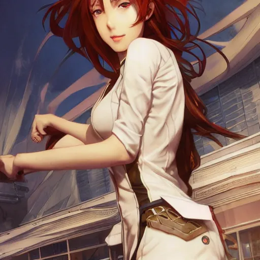 Image similar to a hyperrealistic render of Makise Kurisu from Steins;Gate, by Artgerm,Greg Rutkowski,Alphonse Mucha, Beautiful dynamic lighting,shadows,cinematic atmosphere,Artstation,concept design art,Octane render,8K