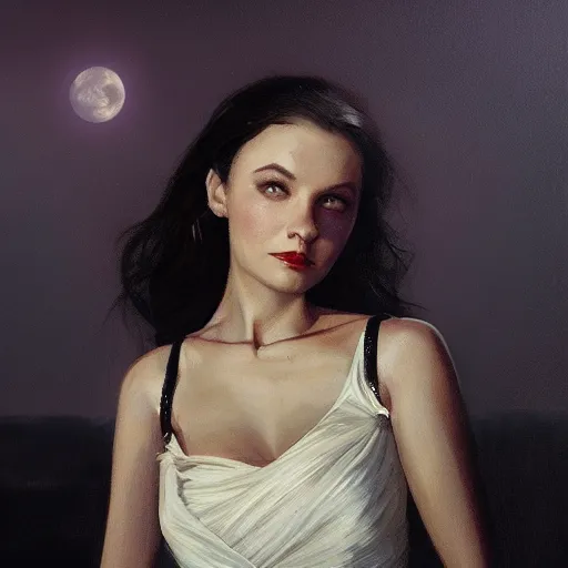 Prompt: portrait of a young vivian leigh, dramatic lighting, city background, night, moon, chiaroscuro, high detail, sharp, painted by greg rutkowski, painted by igor kieryluk, painted by bobby chiu, trending on artstation