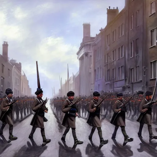 Prompt: irish rebel soldiers in 1 9 1 6 marching down a street in dublin with their rifles, highly detailed, digital painting, concept art, sharp focus, by makoto shinkai