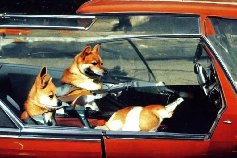 Image similar to picture of a shiba inu driving a car, 1 9 7 0 s