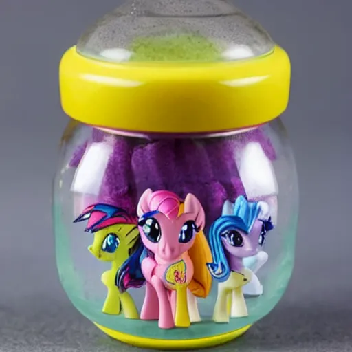 Image similar to a my little pony figurine inside a jar ; the jar is filled with a mysterious sticky yellowish fluid