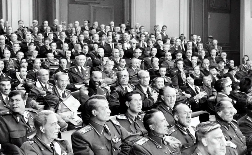 Image similar to 50s movie still of very diverse soviet generals officers marshal and politics head with very detailed faces in a stalinist parlement, by Alexei Guerman, Cinestill 800t 35mm black and white, heavy grainy picture, very detailed, high quality, 4k, HD criterion, precise texture, diverse faces, diverse haircuts, diverse ages, each faces precisely define