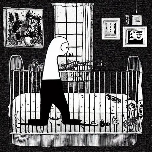 Image similar to “slenderman standing over a girl in a crib, style of Edward Gorey”