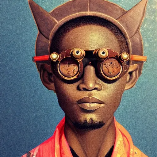 Prompt: colourful claymation upper half - portrait - art of a nigerian boy wearing steam punk goggles, art by utagawa kunisada & james jean, symmetrical, intricate detail, concept art, volumetric light, global illumination, ray tracing, claymation, sharp, pinterest, behance, art station,