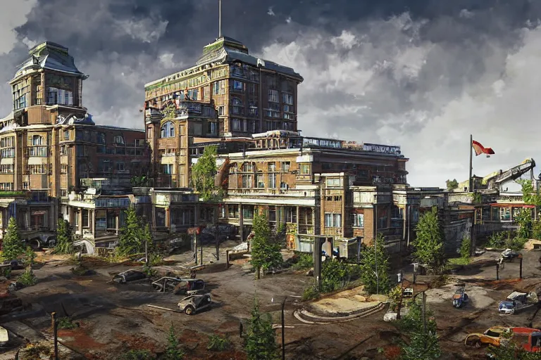 Image similar to realistic digital concept art of palliser hotel, calgary alberta being reclaimed by nature in the last of us, or horizon zero dawn, and tokyo genso style