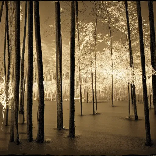 Prompt: infra - red photograph of ferries at night, forest background