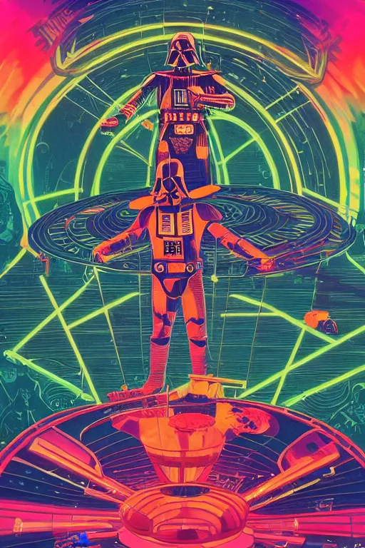 Image similar to darth vader dj standing on a giant science fiction neon turntable at a astronaut rave, anti gravity, digital art, winning award masterpiece, fantastically beautiful, intricate, illustration, dan mumford, geof darrow, moebius, artgerm, alphonse mucha, roger dean,, 8 k