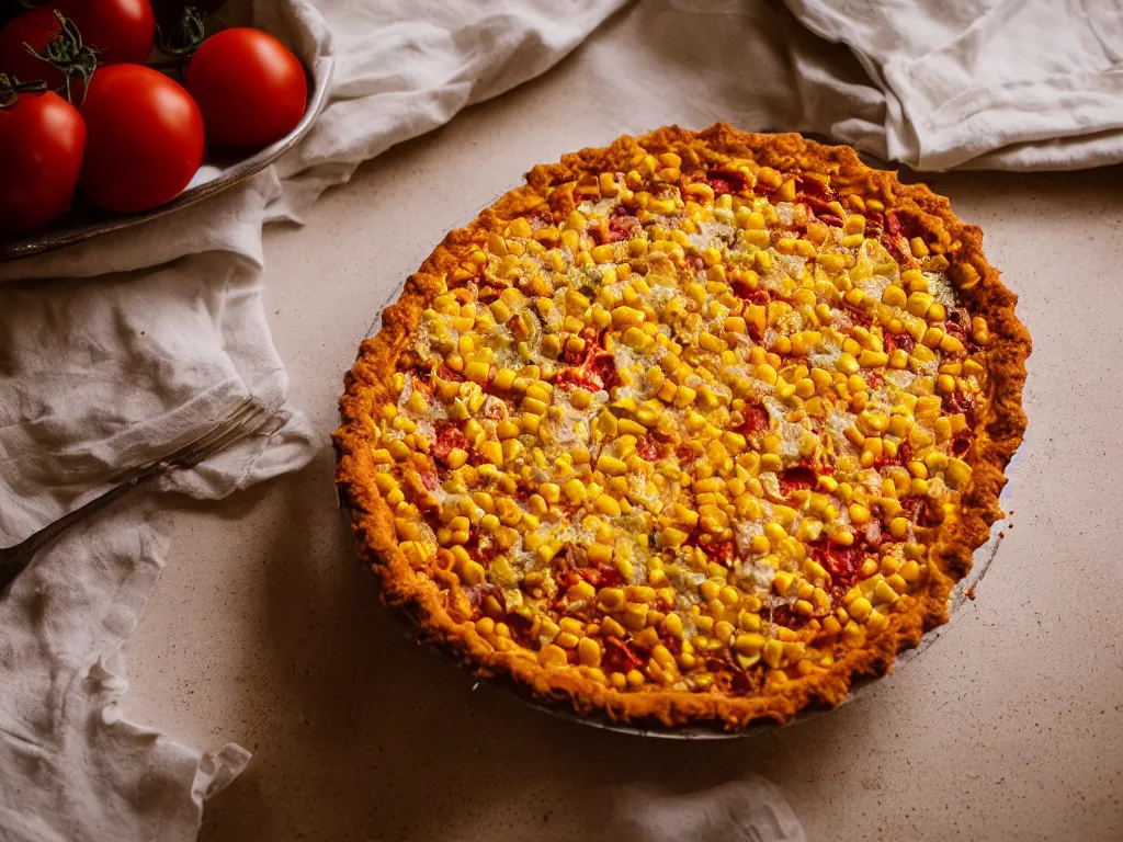 Image similar to tomato corn pie sitting in windowsill golden hour cinematic lighting 35mm photography trending on Flickr