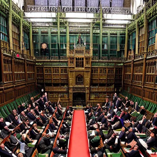 Prompt: the British government after the mps have been poisoned with psylocibin in the house of commons, High detail upscaled photography
