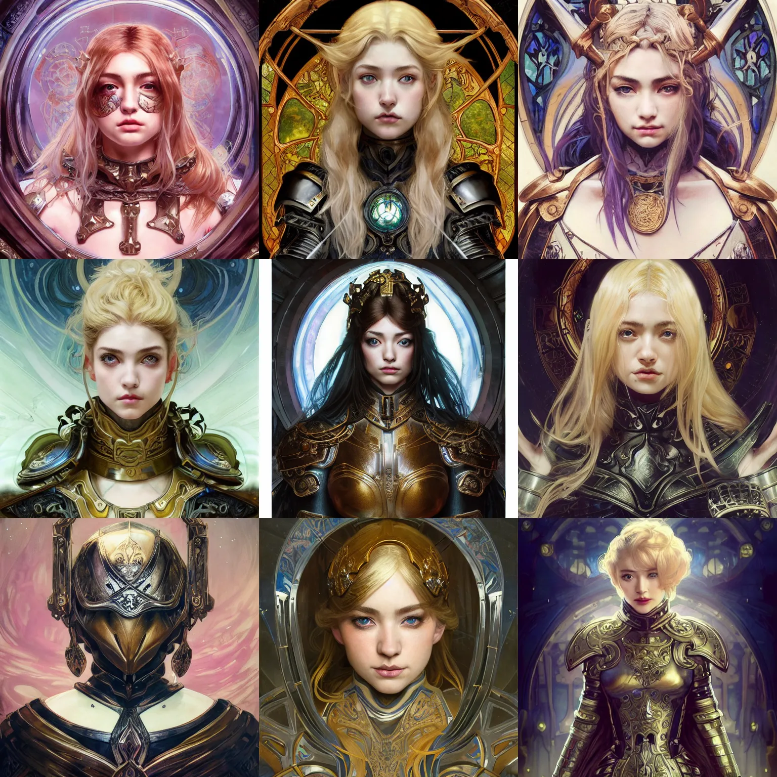 Prompt: masterpiece head-on symmetrical centered painted portrait, Imogen Poots as a paladin, Elden Ring theme, blonde hair, glorious, wearing full metal armour, glowing stained glass backdrop, elegant, in the style of Ruan Jia and Artgerm and Edgar Maxence and Ross Tran and Alphonse Mucha and Ayami Kojima and Charlie Bowater and Greg Rutkowski and Karol Bak and Jean Delville, Art Nouveau, Pre-Raphaelite, Neo-Gothic, gothic, Art Nouveau, rich deep moody colors
