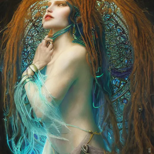 Prompt: techno mystic goddess princess intergalactica, goddess inanna, ashteroth, with aqua neon rapunzel dreadlocks, mami wata, detailed, by gaston bussiere, bayard wu, greg rutkowski, h. r. giger, greg rutkowski, sandro botticelli, masterpiece, sharp focus,