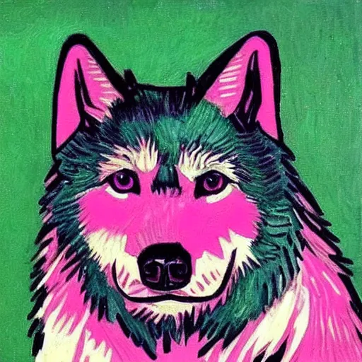 Prompt: retarded wolf portrait, van gogh style, pink, green